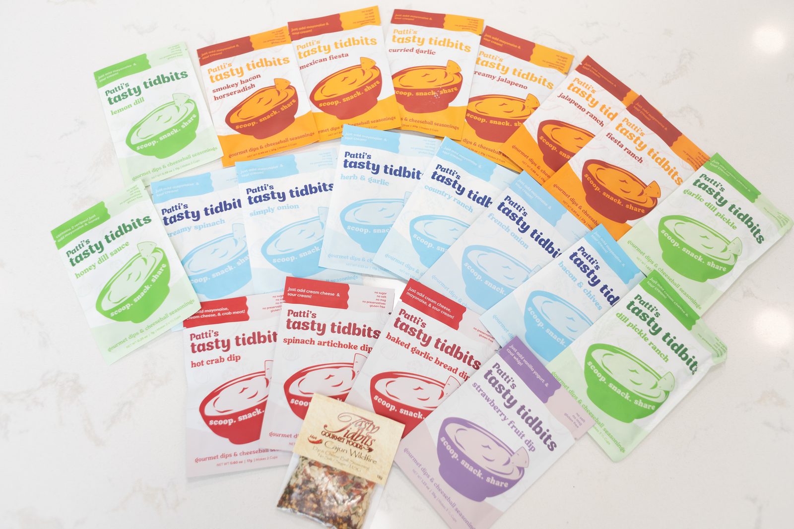 The full line of Patti's Tasty Tidbits pouches